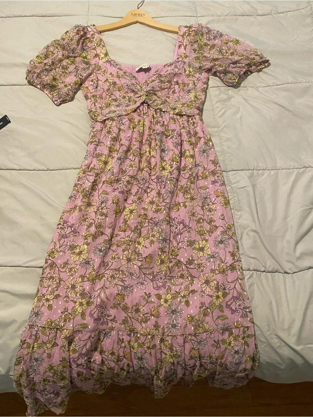 LOFT Pink Floral Tie-Front Puff Sleeve Dress